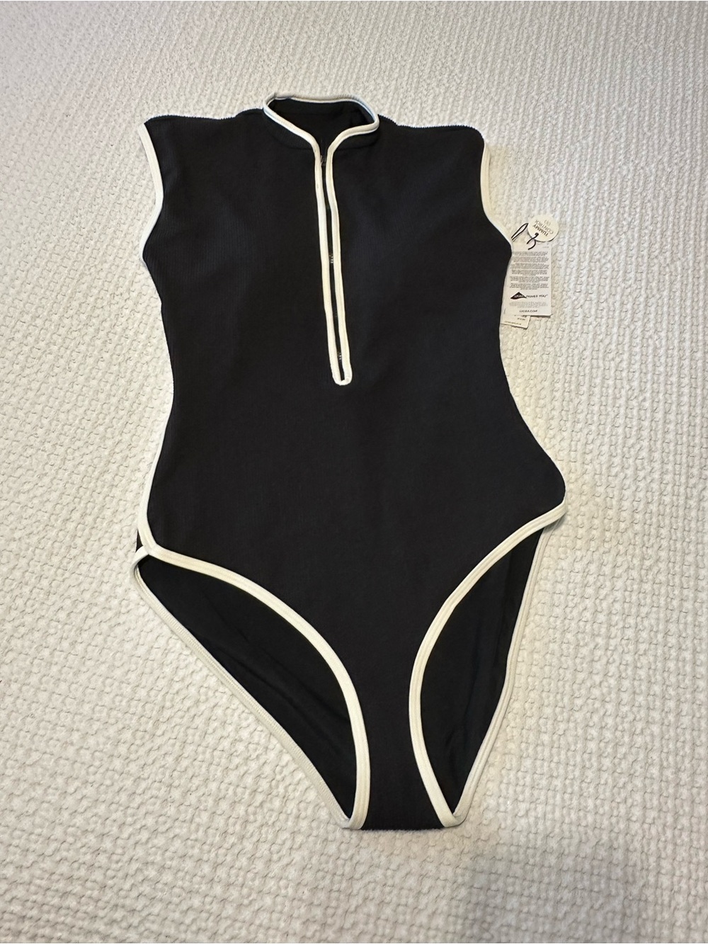Calia Black One-Piece Ribbed Paddlesuit with White Trim, Tummy Control